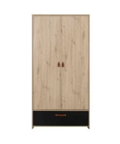 Terre De Nuit Armoires Enfant Armoire 2 Portes 1 Tiroir En Bois Imitation ChĂȘne Clair Et Noir 200cm