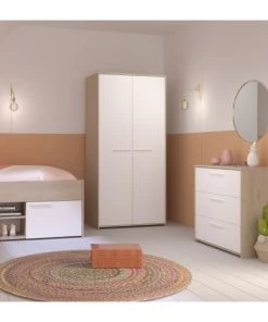 Calicosy Armoires Enfant Armoire 2 Portes Avec Penderie L90.2 X H186 Cm - Décor Blanc Et Bois -Armoires enfant Soldes armoire 2 portes avec penderie l90 2 x h186 cm decor blanc et bois 1