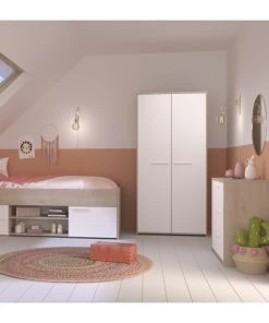 Calicosy Armoires Enfant Armoire 2 Portes Avec Penderie L90.2 X H186 Cm - Décor Blanc Et Bois -Armoires enfant Soldes armoire 2 portes avec penderie l90 2 x h186 cm decor blanc et bois 4