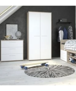 Calicosy Armoires Enfant Armoire 2 Portes Avec Penderie L90.2 X H186 Cm - Décor Blanc Et Bois -Armoires enfant Soldes armoire 2 portes avec penderie l90 2 x h186 cm decor blanc et bois 5