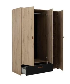 Terre De Nuit Armoires Enfant Armoire 3 Portes 1 Tiroir En Bois Imitation Chêne Clair Et Noir 200cm -Armoires enfant Soldes armoire 3 portes 1 tiroir en bois imitation chene clair et noir 200cm 2