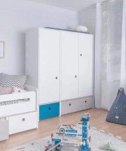 Wookids Armoires Enfant Armoire 3 Portes Façades Tiroirs Bleu Marine -Armoires enfant Soldes armoire 3 portes facades tiroirs bleu marine 3
