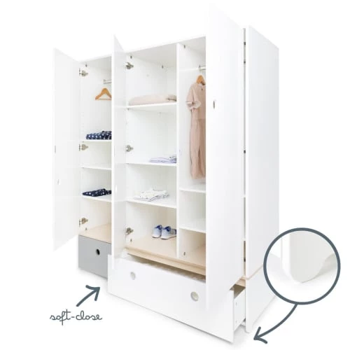Wookids Armoires Enfant Armoire 3 Portes Façades Tiroirs Gris Perle-blanc 5 Wookids Armoires Enfant Armoire 3 Portes Façades Tiroirs Gris Perle-blanc – Image 3