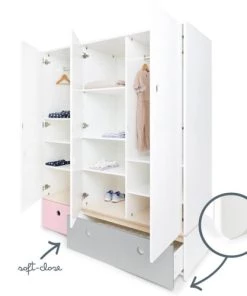Wookids Armoires Enfant Armoire 3 Portes Façades Tiroirs Rose Pastel -Armoires enfant Soldes armoire 3 portes facades tiroirs rose pastel 6