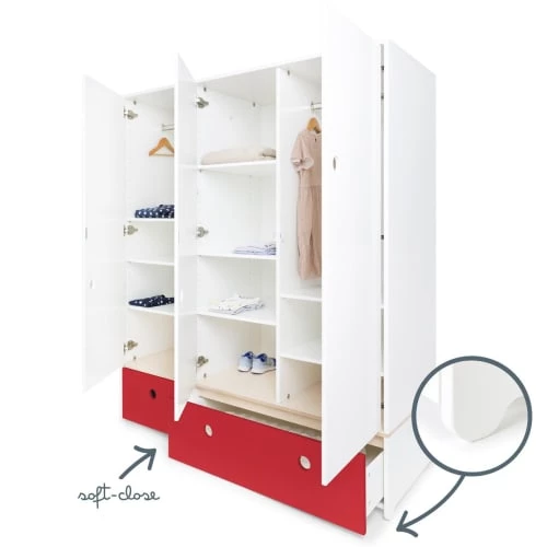 Wookids Armoires Enfant Armoire 3 Portes Façades Tiroirs Rouge 5 Wookids Armoires Enfant Armoire 3 Portes Façades Tiroirs Rouge – Image 3
