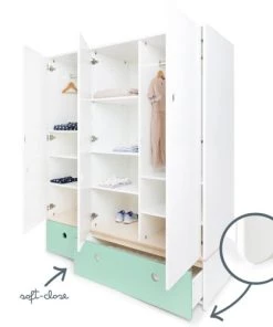 Wookids Armoires Enfant Armoire 3 Portes Façades Tiroirs Vert Menthe -Armoires enfant Soldes armoire 3 portes facades tiroirs vert menthe 2