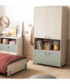 Calicosy Armoires Enfant Armoire Enfant 4 Portes Avec Penderie, Décor Bois Et Vert - L89 Cm 9 Calicosy Armoires Enfant Armoire Enfant 4 Portes Avec Penderie, Décor Bois Et Vert - L89 Cm -Armoires enfant Soldes armoire enfant 4 portes avec penderie decor bois et vert l89 cm 1