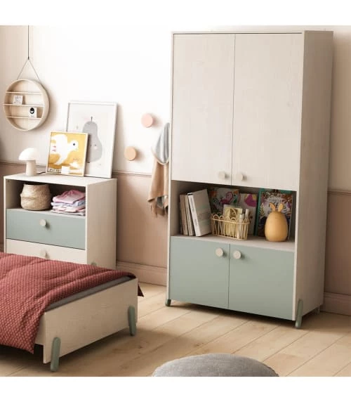 Calicosy Armoires Enfant Armoire Enfant 4 Portes Avec Penderie, Décor Bois Et Vert - L89 Cm 4 Calicosy Armoires Enfant Armoire Enfant 4 Portes Avec Penderie, Décor Bois Et Vert - L89 Cm – Image 2